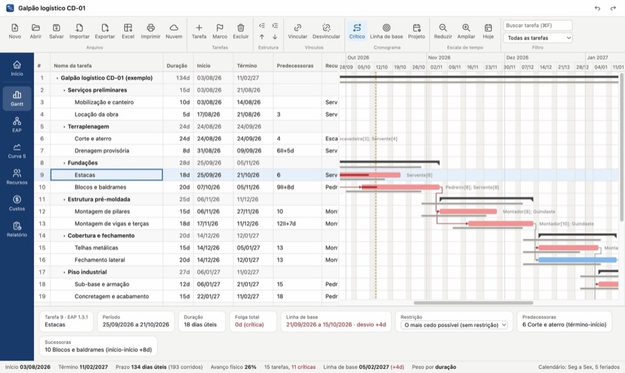 Tela do TraçoPlan com a tabela de tarefas e o gráfico de Gantt de um galpão logístico