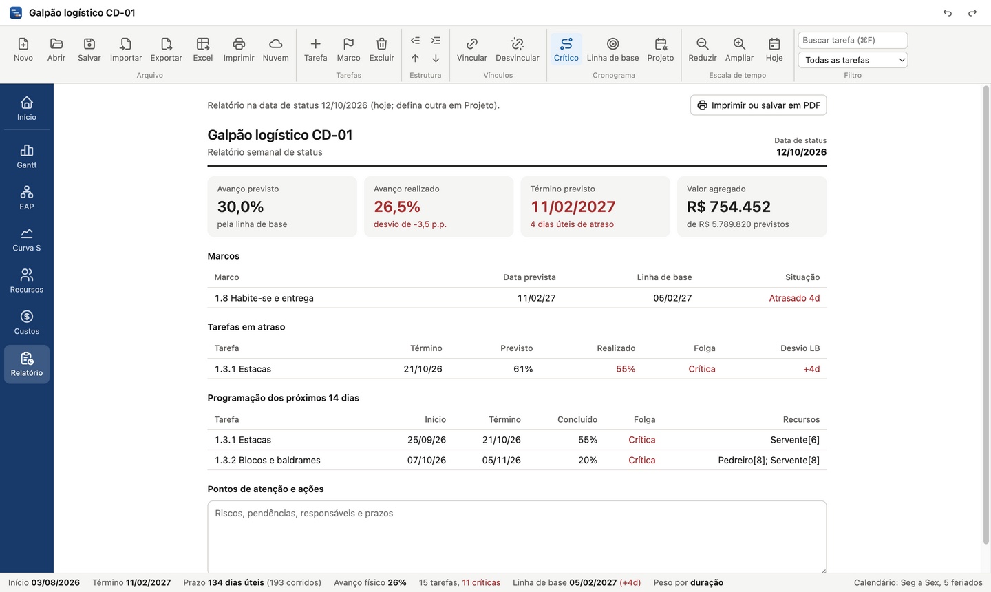 Relatório semanal de status do TraçoPlan com indicadores de avanço, marcos, tarefas em atraso e programação dos próximos 14 dias